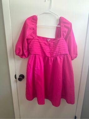 miami Bright Pink Square-Neck Puff Sleeve Mini Dress